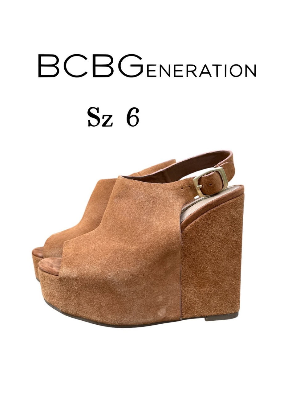 BCBGeneration Fader Tan Suede Peep Toe Platform Slingback Wedge Sandals Size 6M